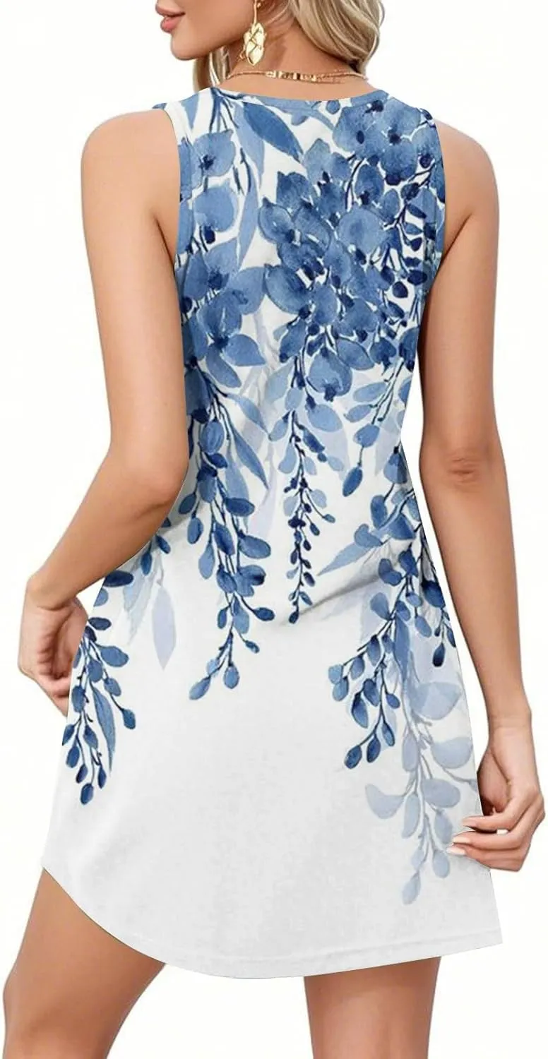 Women's Summer Casual Square Neck Gradient Color Sleeveless Pleated Summer Beach Tank Dress with Pockets