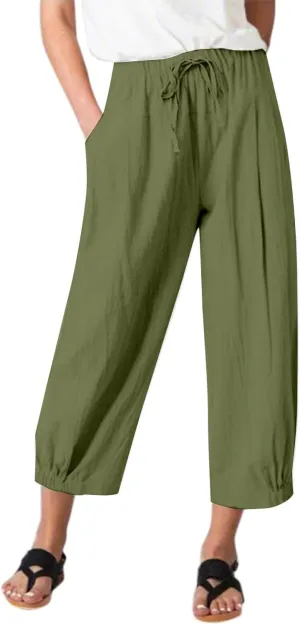 Womens Summer Cotton Linen Pants Drawstring Waist Pure Color Casual Pant Daily Loose Trousers with Side Pockets