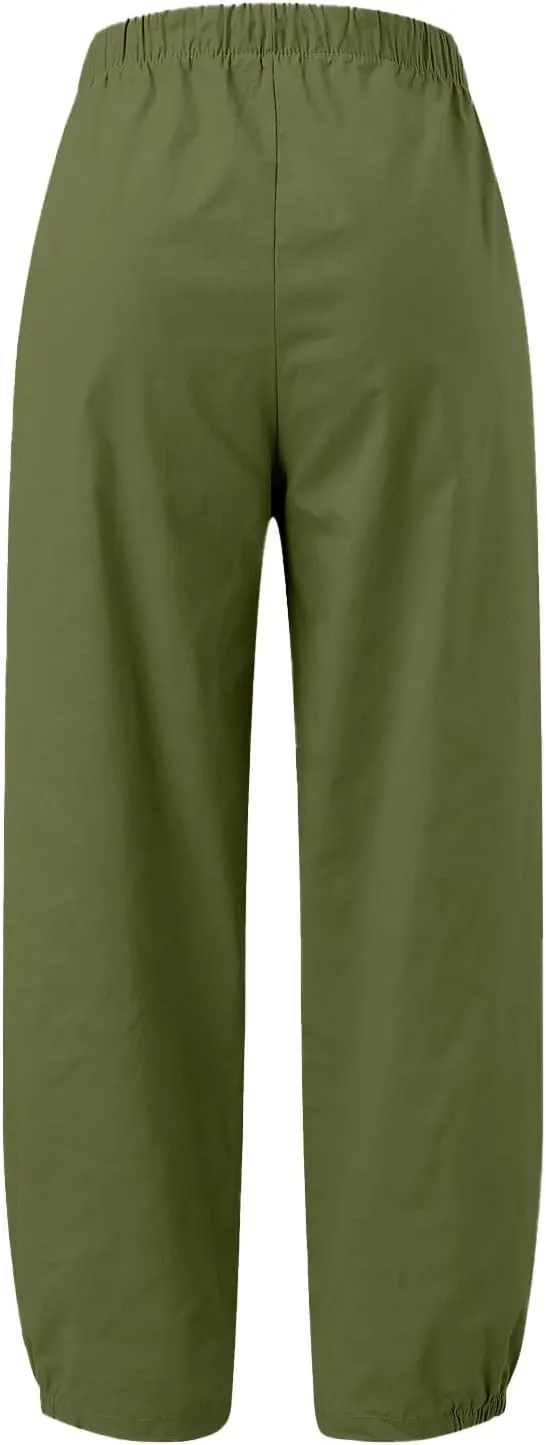 Womens Summer Cotton Linen Pants Drawstring Waist Pure Color Casual Pant Daily Loose Trousers with Side Pockets