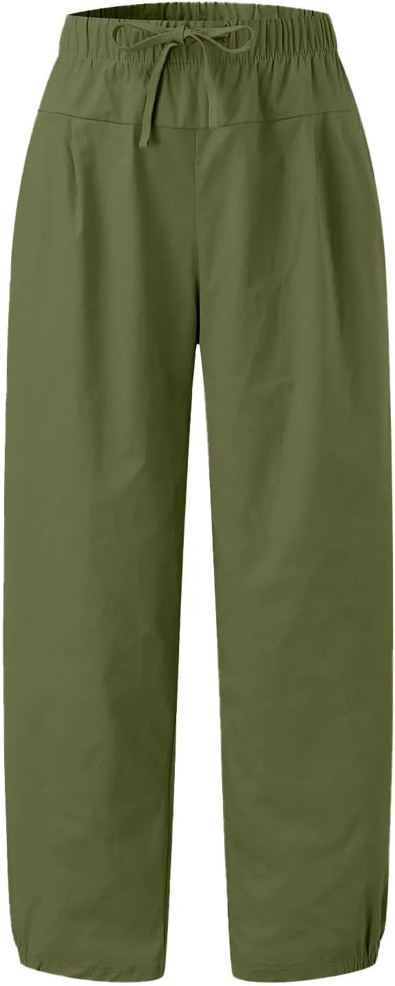 Womens Summer Cotton Linen Pants Drawstring Waist Pure Color Casual Pant Daily Loose Trousers with Side Pockets