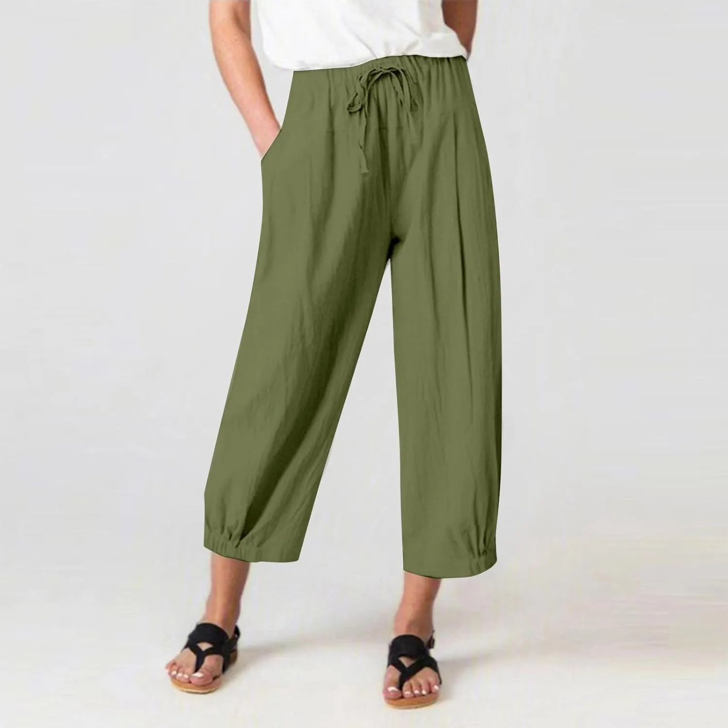 Womens Summer Cotton Linen Pants Drawstring Waist Pure Color Casual Pant Daily Loose Trousers with Side Pockets