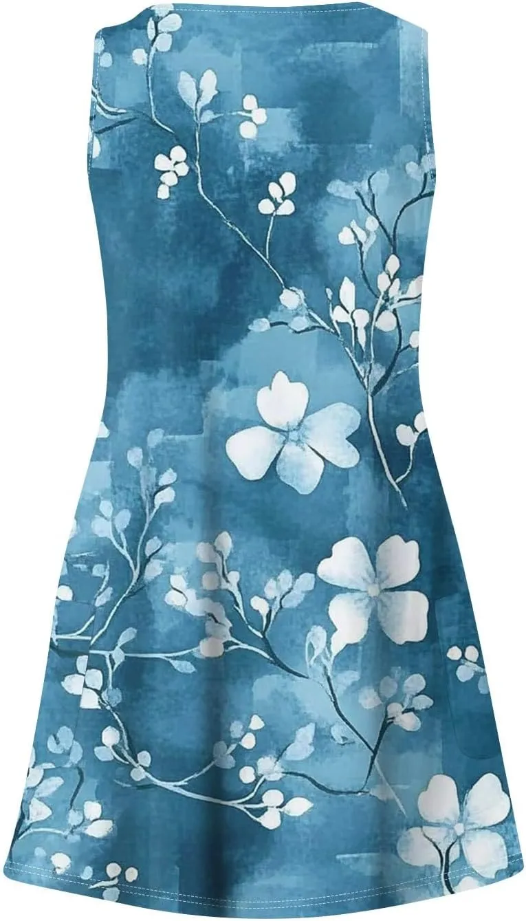 Womens Summer Dresses 2025 Loose V Neck Coverup Sleeveless Sundresses Beach Swimsuit with Pockets Floral/Plain