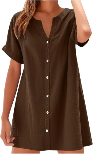 Womens Summer Dresses Loose Fit V Neck Short Sleeve T Shirt Dresses Casual Solid Color Button Down Mini Tunic Dress