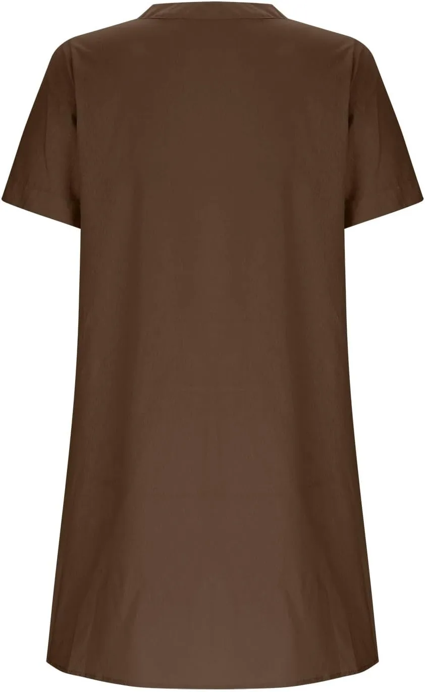 Womens Summer Dresses Loose Fit V Neck Short Sleeve T Shirt Dresses Casual Solid Color Button Down Mini Tunic Dress