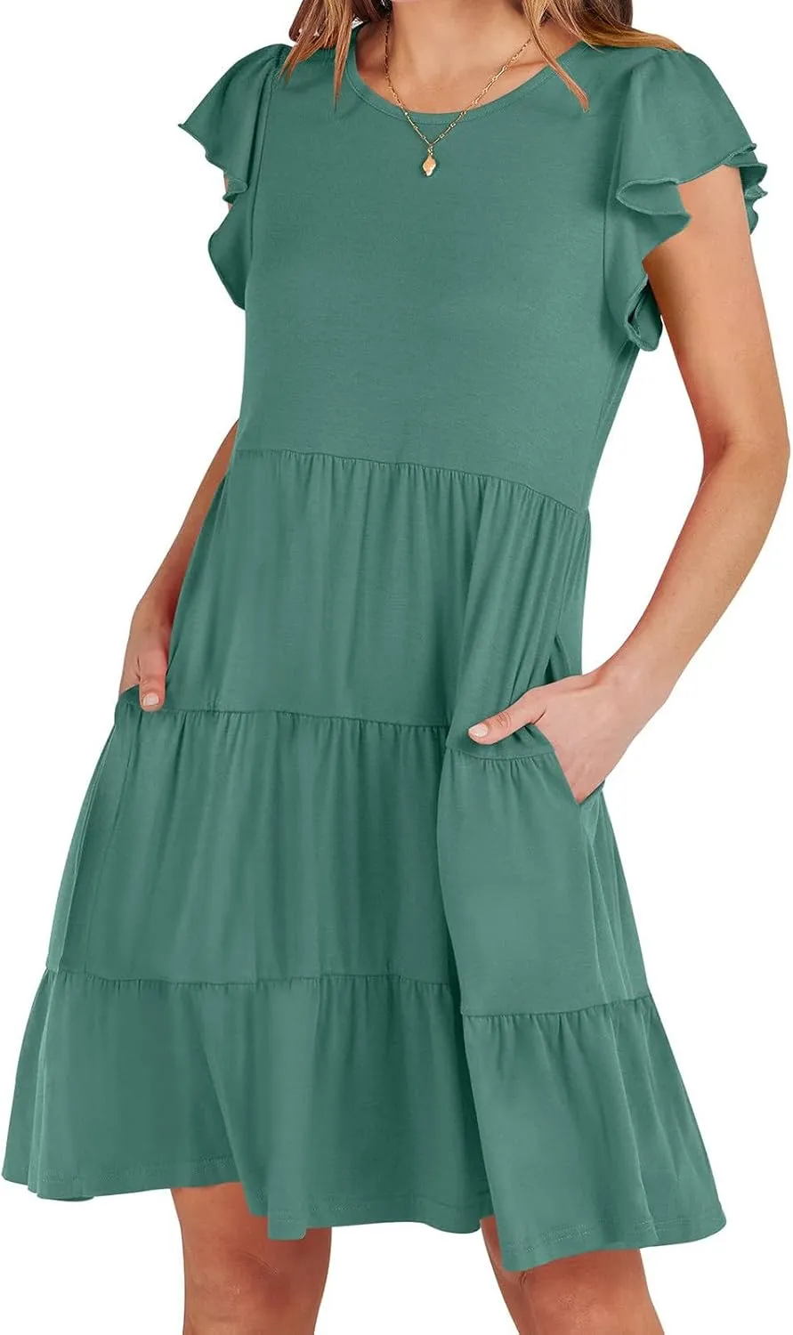 Womens Tiered Summer Dress Short Ruffle Sleeve Dress a Line Mini Sundress Casual Beach Vacation Dresses with Pockets