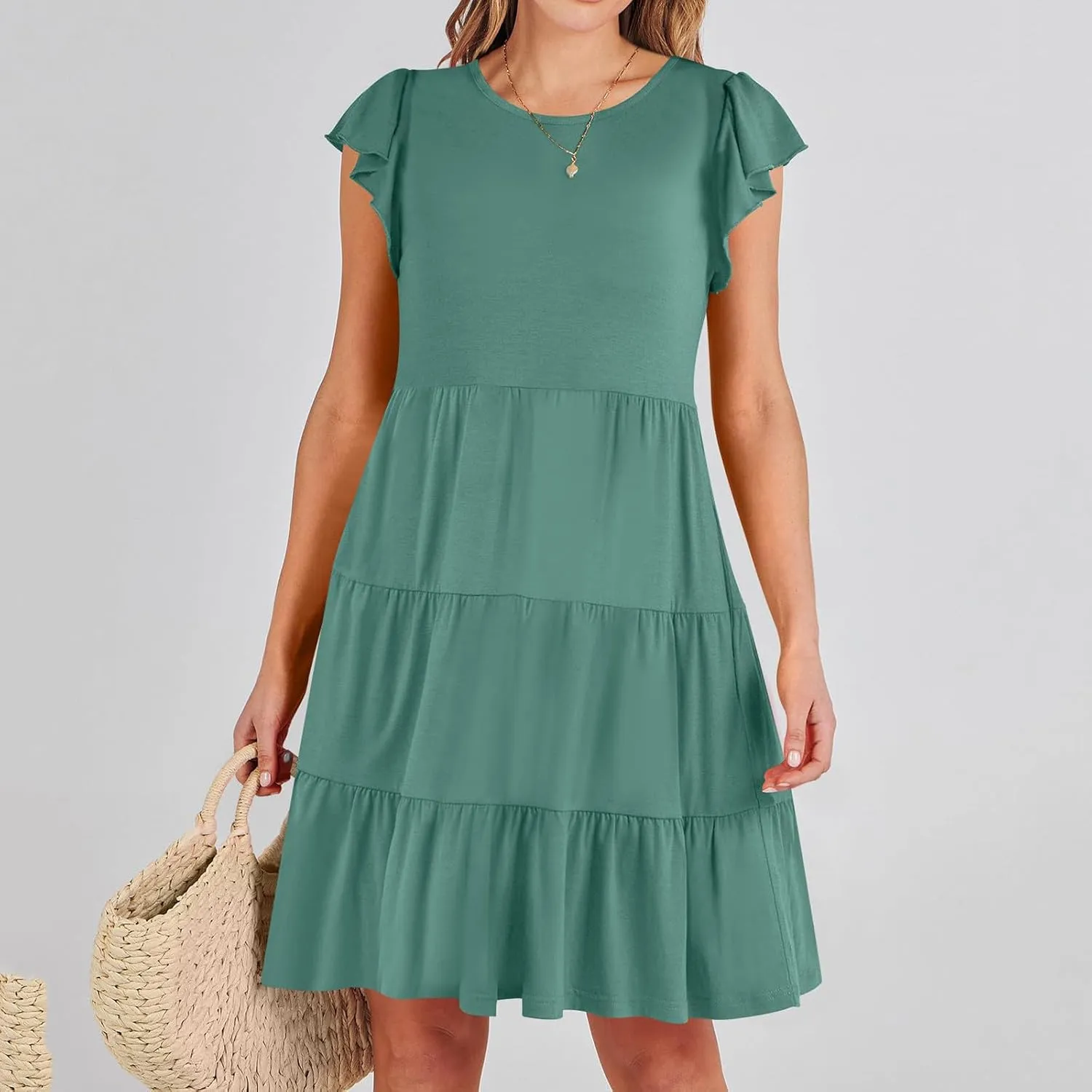 Womens Tiered Summer Dress Short Ruffle Sleeve Dress a Line Mini Sundress Casual Beach Vacation Dresses with Pockets
