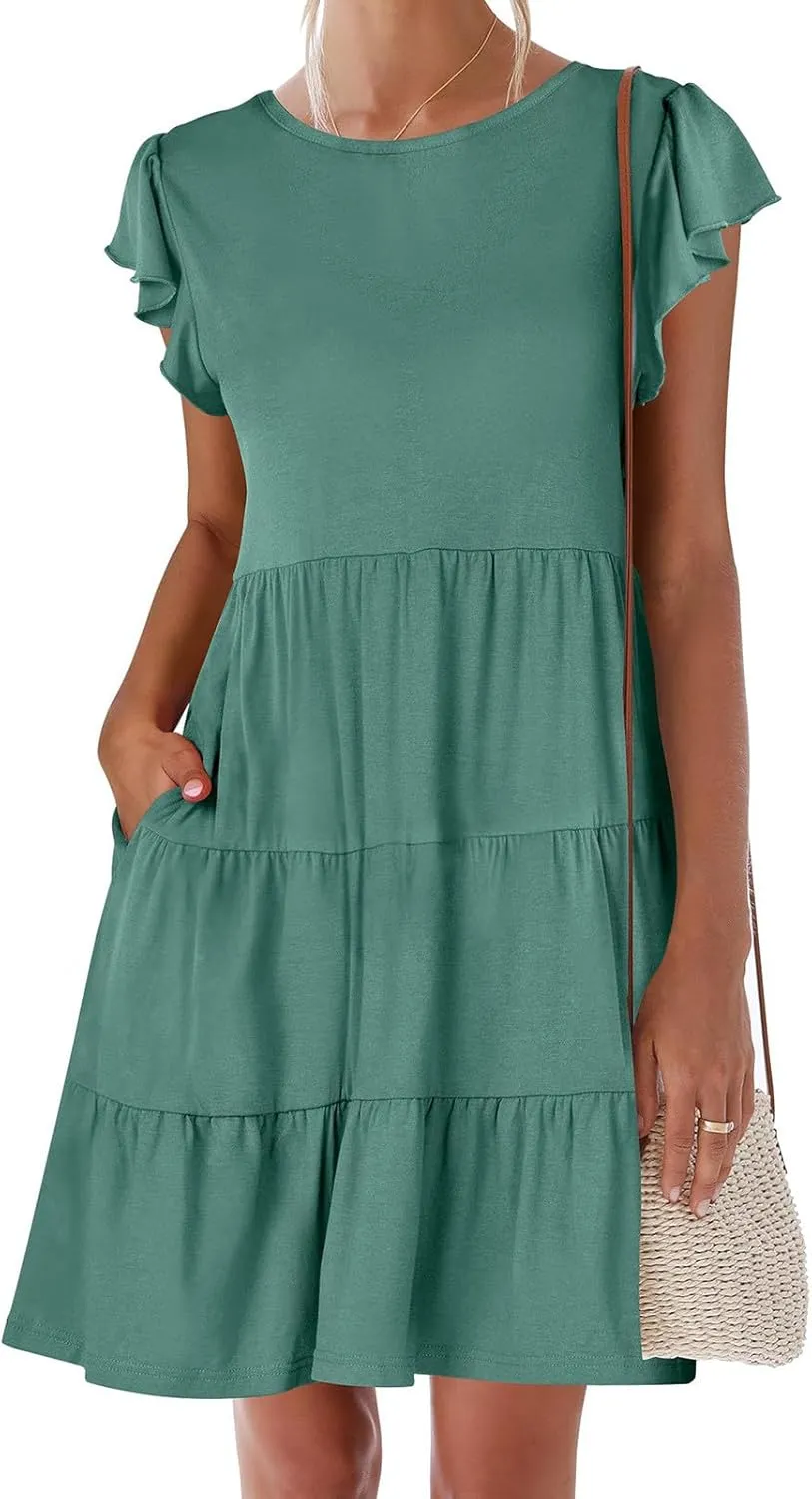 Womens Tiered Summer Dress Short Ruffle Sleeve Dress a Line Mini Sundress Casual Beach Vacation Dresses with Pockets