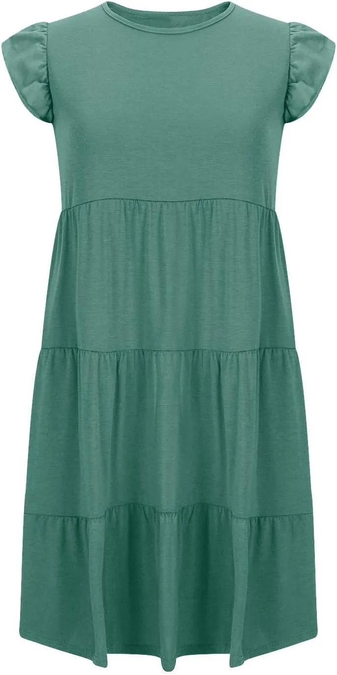 Womens Tiered Summer Dress Short Ruffle Sleeve Dress a Line Mini Sundress Casual Beach Vacation Dresses with Pockets