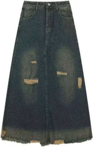 Women's Vintage Distressed Maxi Denim Skirt High Waisted Ombre Distressed Denim Maxi Skirt with Ripped Details