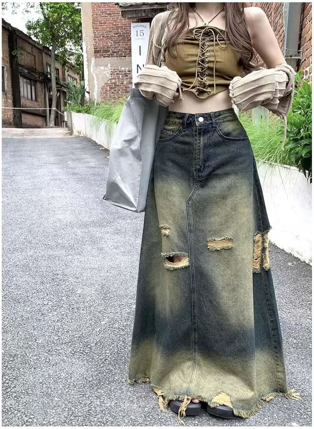 Women's Vintage Distressed Maxi Denim Skirt High Waisted Ombre Distressed Denim Maxi Skirt with Ripped Details