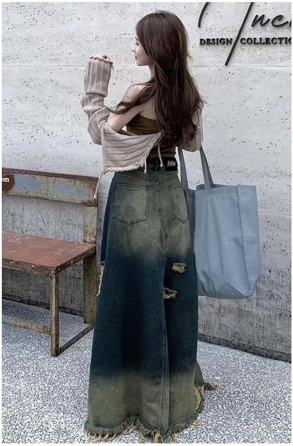 Women's Vintage Distressed Maxi Denim Skirt High Waisted Ombre Distressed Denim Maxi Skirt with Ripped Details