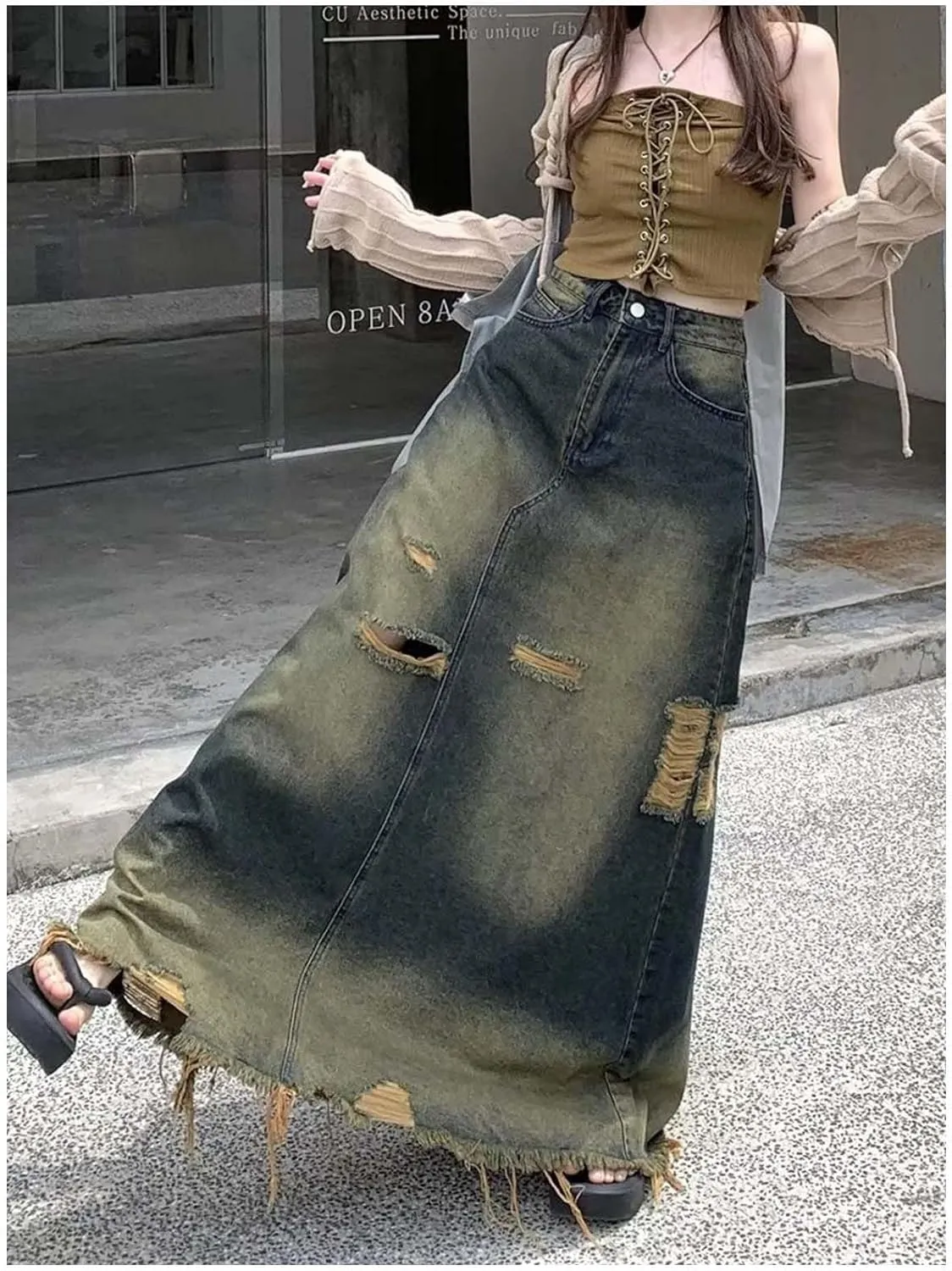 Women's Vintage Distressed Maxi Denim Skirt High Waisted Ombre Distressed Denim Maxi Skirt with Ripped Details