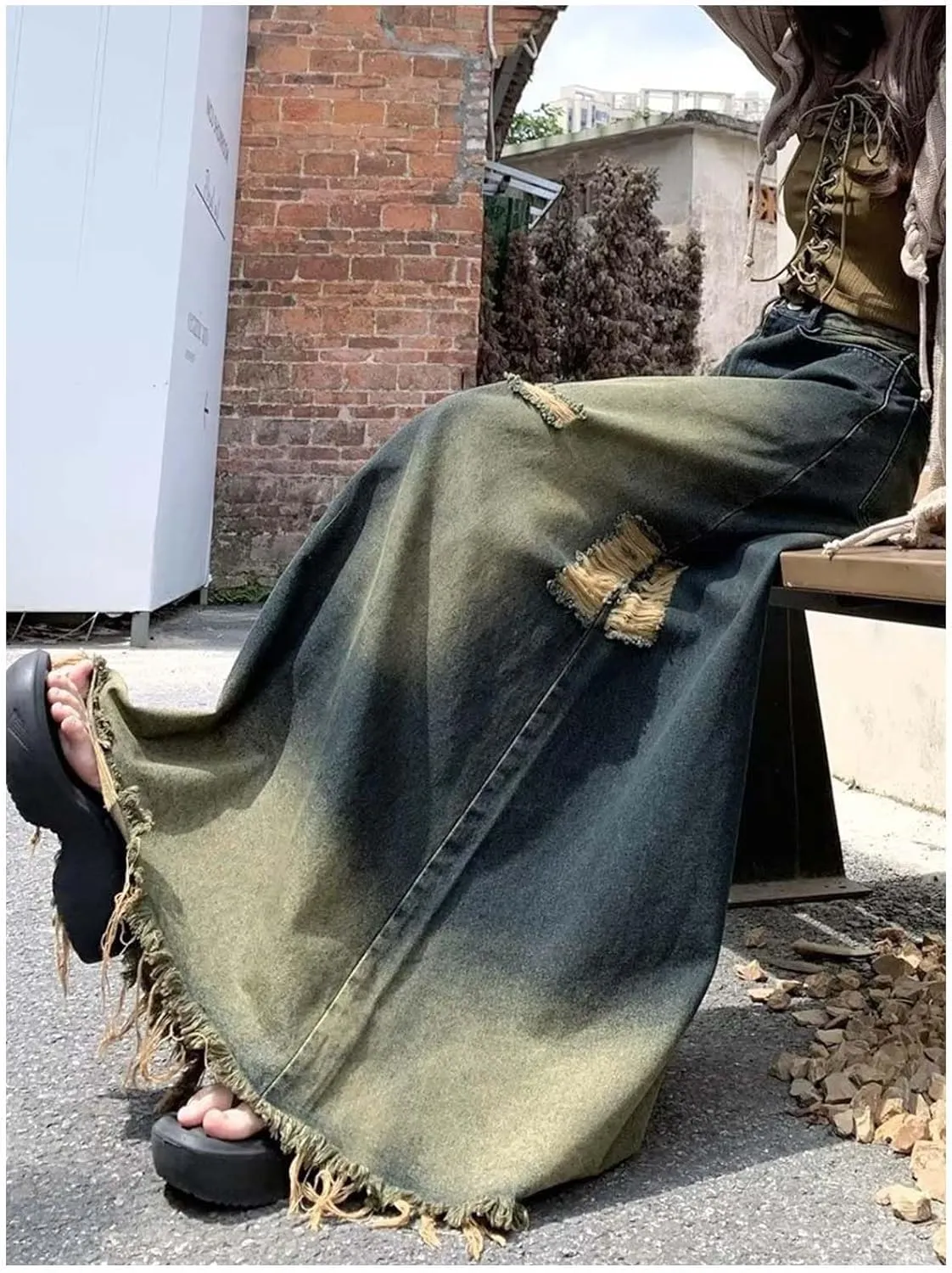 Women's Vintage Distressed Maxi Denim Skirt High Waisted Ombre Distressed Denim Maxi Skirt with Ripped Details