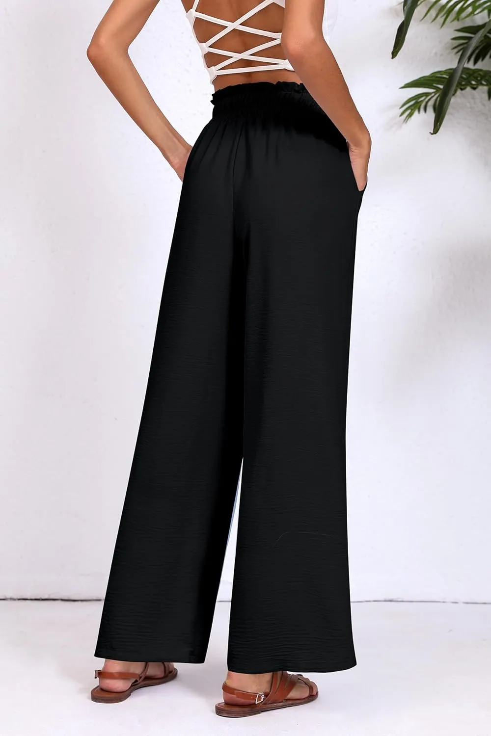 Womens Wide Leg Casual Pants with Pockets Loose Flowy High Waisted Lounge Trousers