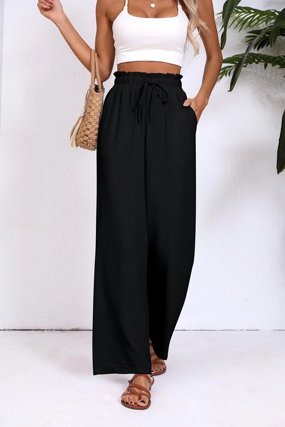 Womens Wide Leg Casual Pants with Pockets Loose Flowy High Waisted Lounge Trousers