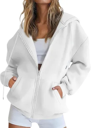 Womens Zip Up Hoodies Oversized Full Zip Up Hoodie Long Sleeve Drawstring Hooded Sweatshirt Fleece Jacket with Pockets