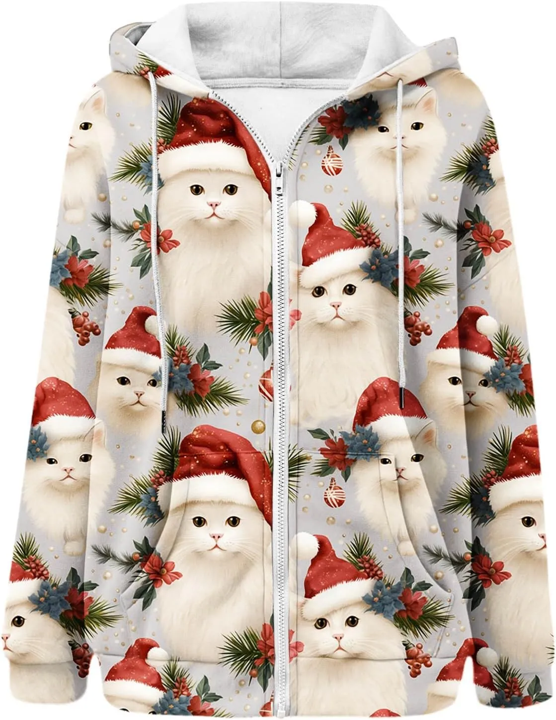 Women's Zip Up Hoodies Oversized Novelty Print Long Sleeve Crewneck Jacket Xmas Pullover with Pockets