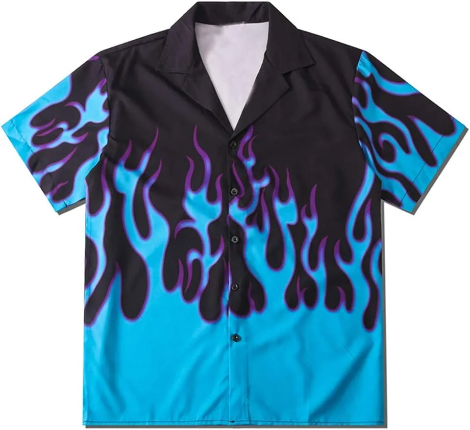 YEMOCILE Button Down Flame Shirt for Men Women Oversized Short Sleeve T-Shirt