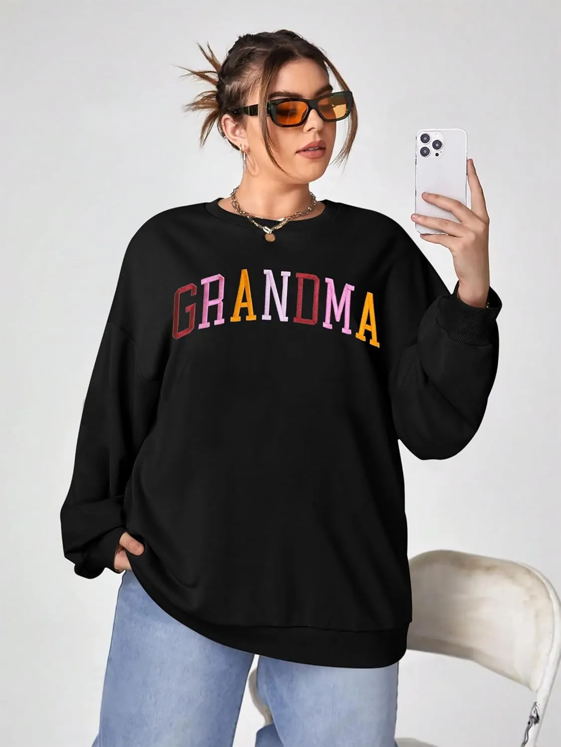 YI XIANG RAN Grandma Sweatshirt for Women - Embroidered Long Sleeve Pullover Top, Oversized