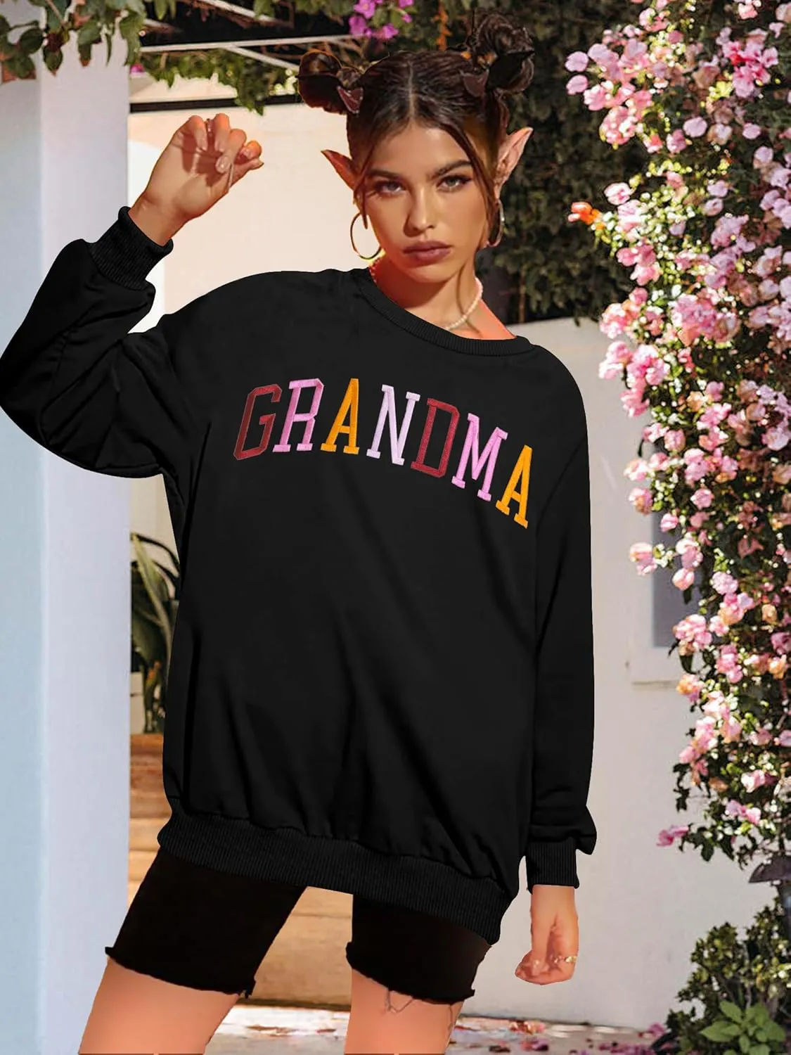 YI XIANG RAN Grandma Sweatshirt for Women - Embroidered Long Sleeve Pullover Top, Oversized