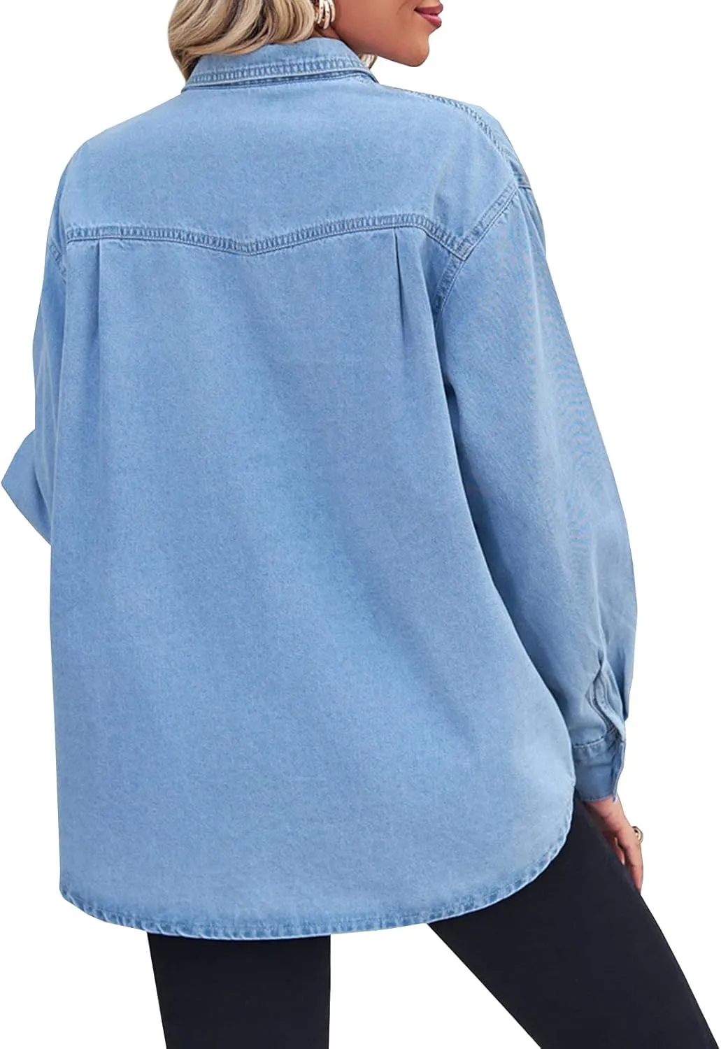 YUZIBAO Women's Chambray Button Down Denim Shirt Collared Western Snap Shirt Pocket Tops
