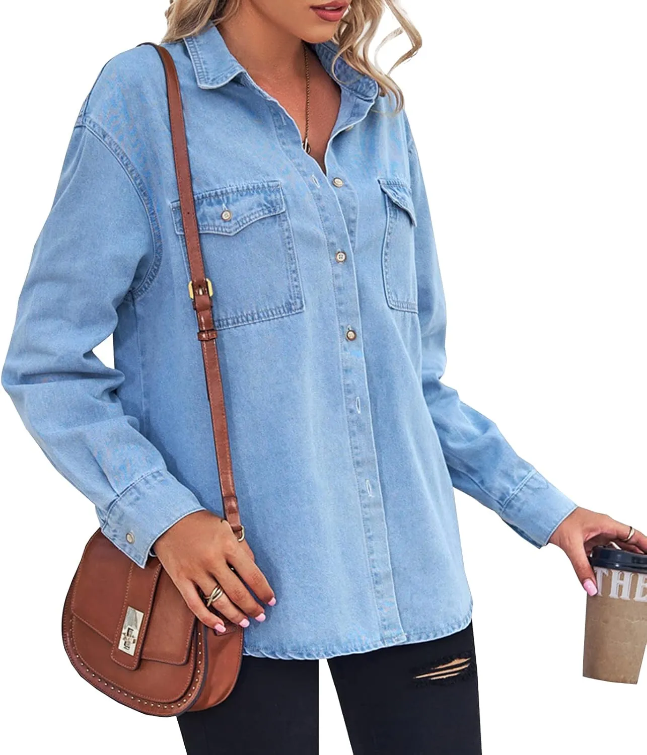 YUZIBAO Women's Chambray Button Down Denim Shirt Collared Western Snap Shirt Pocket Tops