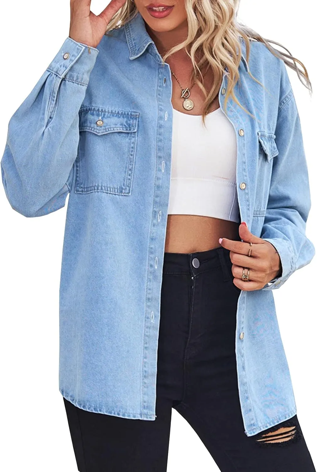 YUZIBAO Women's Chambray Button Down Denim Shirt Collared Western Snap Shirt Pocket Tops