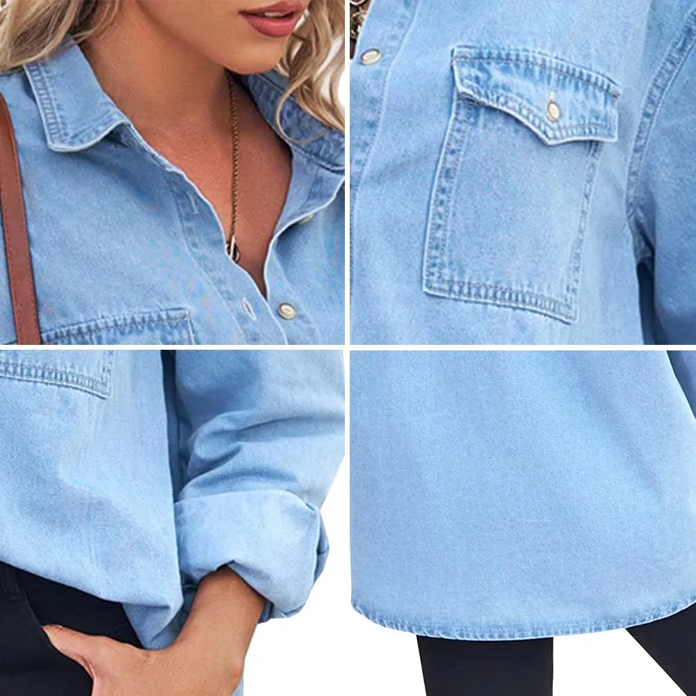 YUZIBAO Women's Chambray Button Down Denim Shirt Collared Western Snap Shirt Pocket Tops