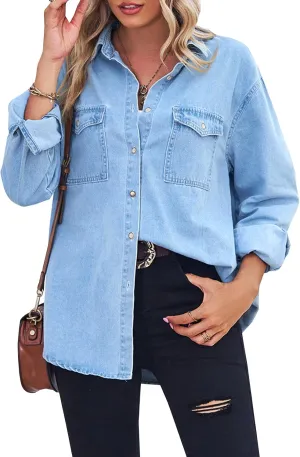 YUZIBAO Women's Chambray Button Down Denim Shirt Collared Western Snap Shirt Pocket Tops