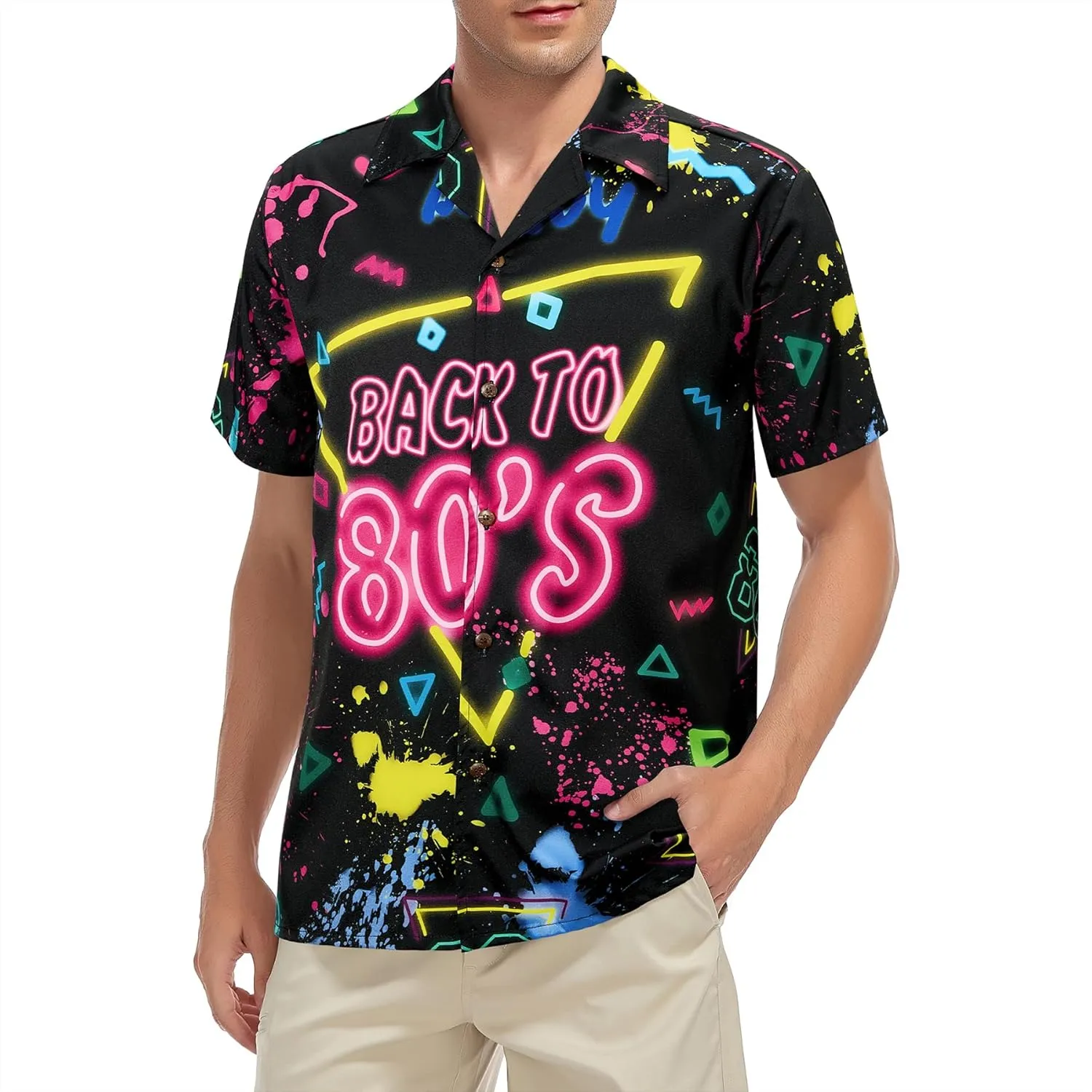 Zando 80s 90s Shirt for Men Retro Button Down Short Sleeve Shirt, Funny Shirt for Hawaiian Beach Disco Theme Party Outfit Top