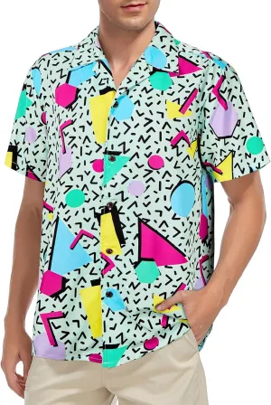 Zando 80s 90s Shirt for Men Retro Button Down Short Sleeve Shirt, Funny Shirt for Hawaiian Beach Disco Theme Party Outfit Top