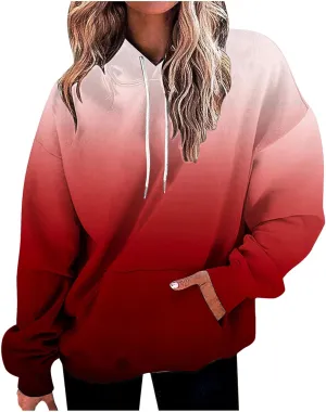 ZDRZK Hoodies For Women Gradient Print Casual Crewneck Long Sleeve Sweatshirts Hooded Loose Fit Oversized Pullover