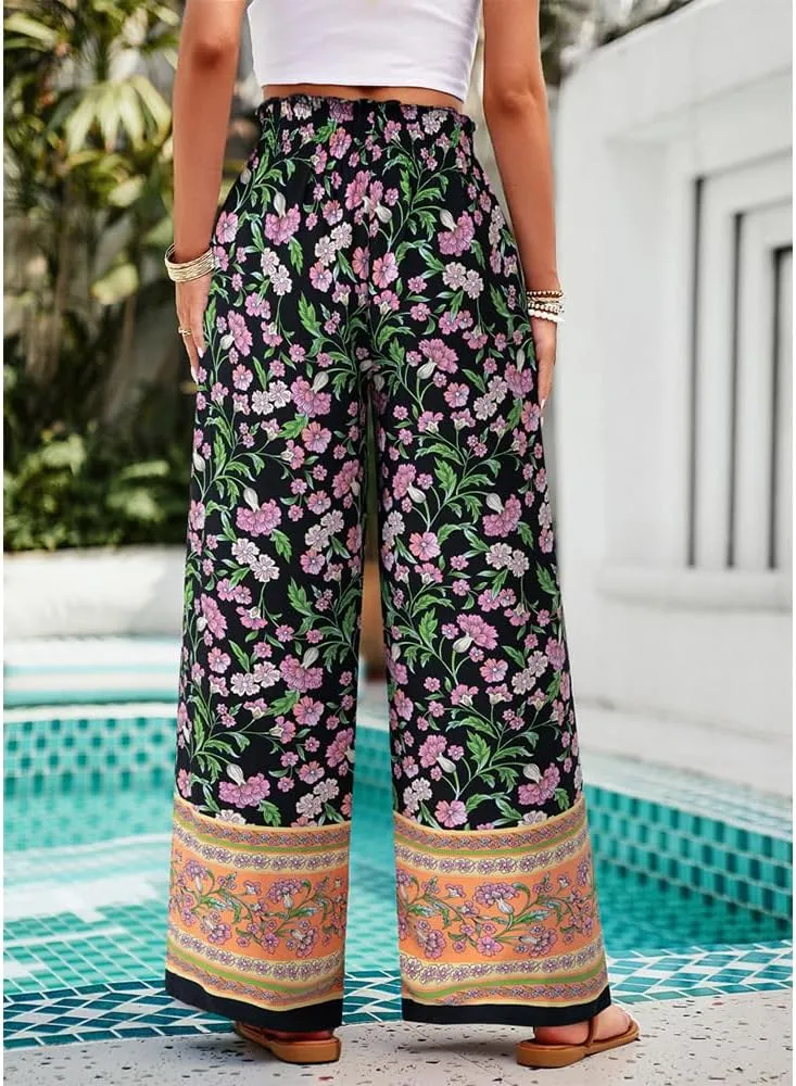 ZOCAVIA Womens Floral Print Harem Pants with Pockets Yoga Boho Pants Flowy Wide Leg Pants Casual Palazzo Pants Beach Pants