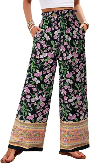 ZOCAVIA Womens Floral Print Harem Pants with Pockets Yoga Boho Pants Flowy Wide Leg Pants Casual Palazzo Pants Beach Pants