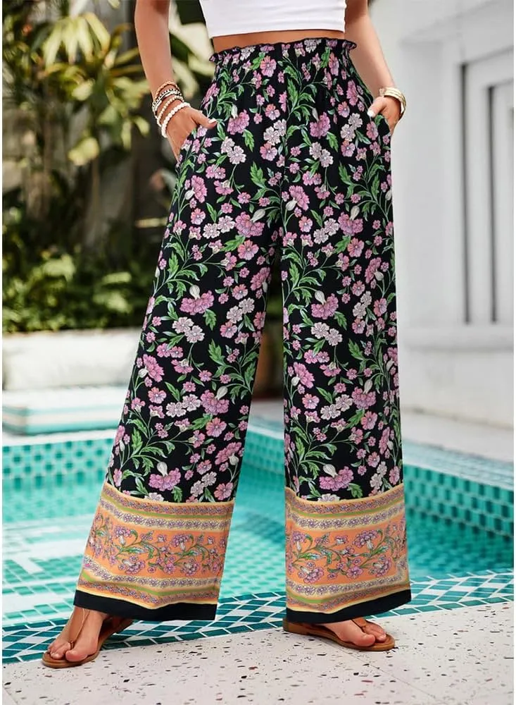 ZOCAVIA Womens Floral Print Harem Pants with Pockets Yoga Boho Pants Flowy Wide Leg Pants Casual Palazzo Pants Beach Pants