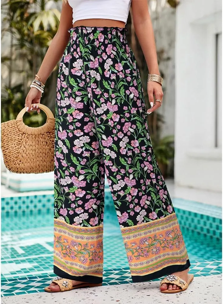 ZOCAVIA Womens Floral Print Harem Pants with Pockets Yoga Boho Pants Flowy Wide Leg Pants Casual Palazzo Pants Beach Pants