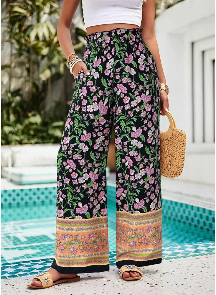 ZOCAVIA Womens Floral Print Harem Pants with Pockets Yoga Boho Pants Flowy Wide Leg Pants Casual Palazzo Pants Beach Pants