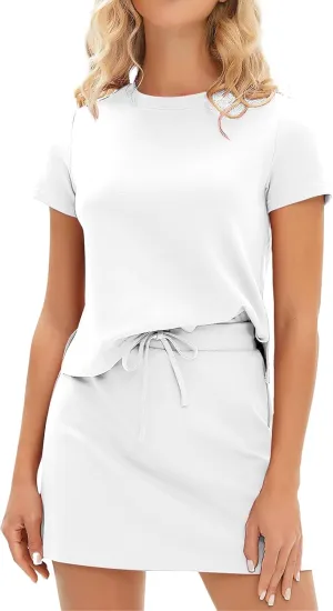 ZWRXW Two Piece Skirt Set for Women Tennis 2 Piece Outfits Short Sleeve/Sleeveless Top Elastic Short Skorts Sweatsuits 2025